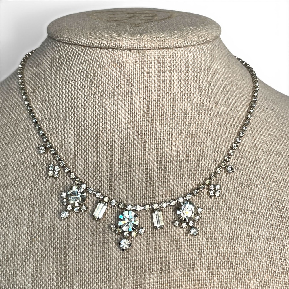 Vintage 1950s Rhinestone Choker Necklace Rhodium Plated 15″ Wedding Prom