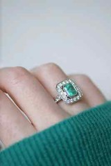 Art Deco Green Emerald Lab Created Diamond Halo 925 Silver Anniversary Gift Ring
