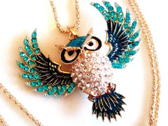 RHINESTONE OWL NECKLACE!Blue Enamel Bird Pendant.Aqua & Clear Crystals.Gold Tone