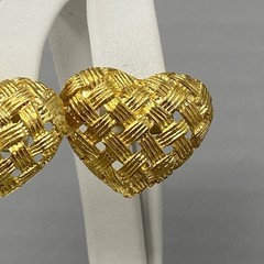 Heart Earrings Gold Tone Textured Woven Stud Dangle Drop Pierced Open Work NOS