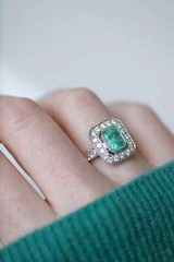 Art Deco Green Emerald Lab Created Diamond Halo 925 Silver Anniversary Gift Ring