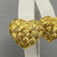 Heart Earrings Gold Tone Textured Woven Stud Dangle Drop Pierced Open Work NOS