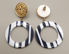 Vintage 1980s Nautical Striped Hoop Drop Earrings Gold Eagle Crest Button 80s