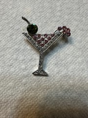 VTG Silver Tone Martini Brooch Green Pink Clear Rhinestones Cocktail Pin 2.0″
