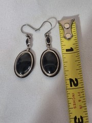 Silver Tone Dark Blue Grey Agate Dangle Earrings Pierced Hooks Vintage