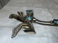 VTG Mazer Sterling Vermeil Aqua Rhinestone Ribbon Bow Dangle Brooch Pin