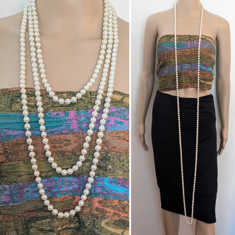 Vintage 94″ Knotted Glass Faux Pearl Rope Necklace Long Wrap Layered 1980s