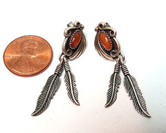 VTG INDIAN NAVAJO WM 925 STERLING SILVER AMBER FEATHER DANGLE EARRINGS 2 1/2″