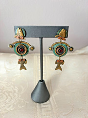 Vtg Mixed Metal Pierced Earrings ARTISAN Dangle Drop Fish ~ Marjorie Bear Style