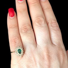 Vintage Pear Cut Emerald Diamond 14k Yellow Gold Double Halo Ring Engagement