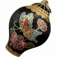 Vintage Cloisonné Butterfly Ginger Jar Pendant Gold Tone Floral Enamel Charm
