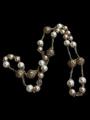 Vintage Gold Tone Necklace Open filagree beads white champagne faux pearls