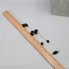 Vintage Station Black Bead Necklace Gold tone Chain Long 30″