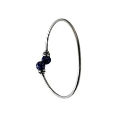 925 Silver Blue Cloisonne Floral Enamel Bead Bangle 1950s-1970s 7.1g