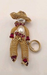 Vintage Signed Weiss Ruby Red Crystal & Faux Pearl Wire Cowboy W/Lasso Brooch