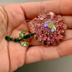 Vintage Judy Lee Rhinestone Flower Brooch Shades of AB Pink Green Long Stem READ
