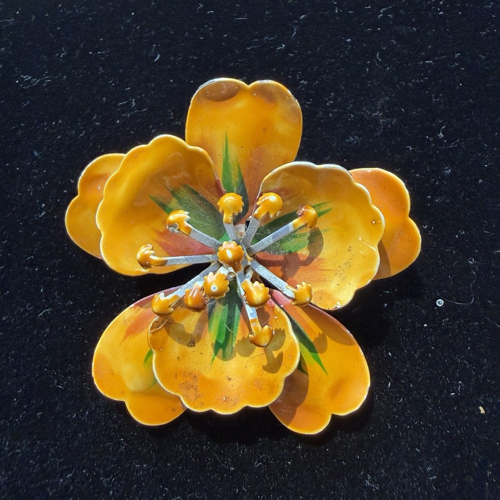 Vintage Enamel Flower Brooch Orange Pin Hand Painted 2.5 inches POP of COLOR