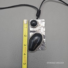 Vintage Silver Tone Metal with Black Onyx Pendant on Cord Necklace 31″ Long