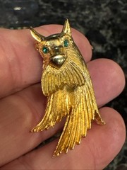 Vntg Lind Gal Scottie Dog Scottish Terrier Head Brooch Gold Tone Green Eyes NOS