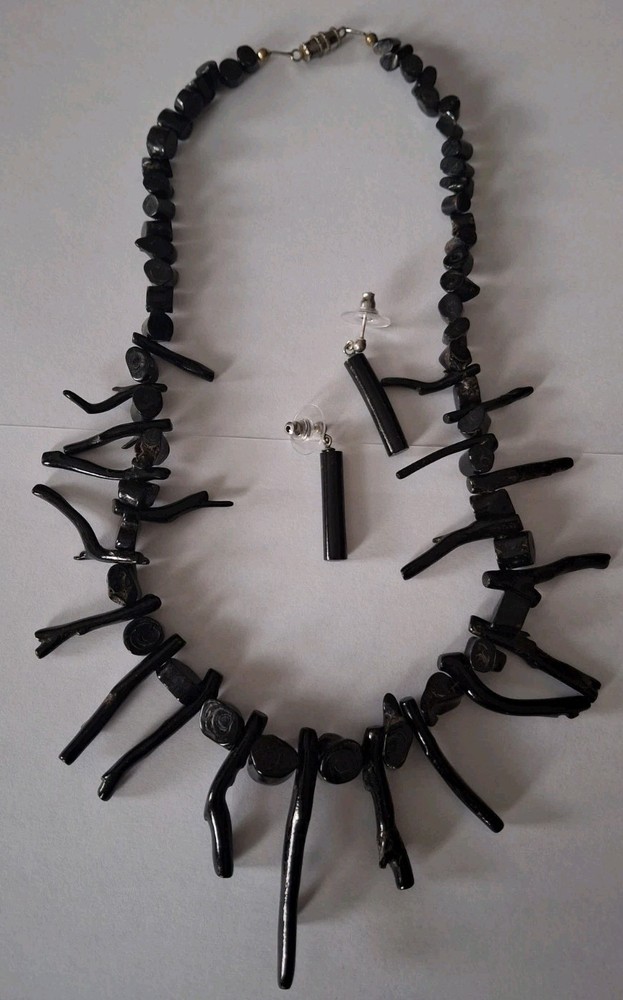 Vintage Black Wooden Branch Statement Necklace 17 Inches Bib With Earrings Set