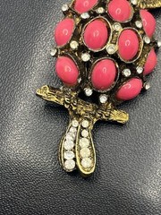 Owl bird pink cabochon green & clear rhinestone gold tone brooch pin vintage