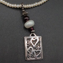 Vintage Necklace Sterling Silver Hearts Pearls Red Beads Love Valentines Day
