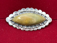 Antique sterling silver Jade brooch orange yellow green 1850-1910 Mexico