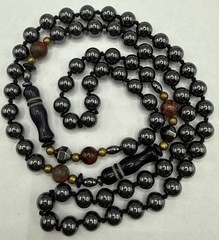 VINTAGE HAND KNOTTED HEMATITE AGATE BLACK SAND STONE LINK BEAD NECKLACE 30″