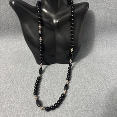 Vintage Sterling Silver And Black Onyx Necklace Beaded Ball Cocktail 25”