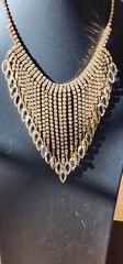 VTG Navette Bibb Necklace Gold Tone Statement AB Glass Graduated Reversible 1950