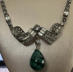 Vintage Schoffel 16″ Rhinestone & Faux Cabochon Emerald Green Necklace 1930s