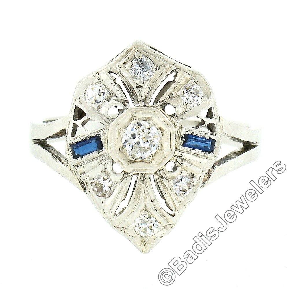 Antique Art Deco 14k White Gold 0.24ct Diamond Sapphire Filigree Open Work Ring