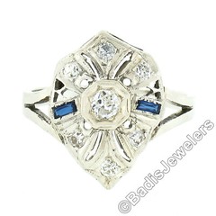 Antique Art Deco 14k White Gold 0.24ct Diamond Sapphire Filigree Open Work Ring