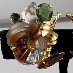 Vintage Edlee Molded Glass Gold Tone Green Amber Rhinestone Chunky Earrings