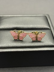 Vintage Gold Sterling Silver Pink Enamel Butterfly Earrings G22