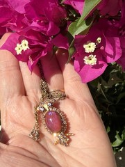 Vintage Gold Tone Signed Hobe Pink Jelly Belly Crystal Owl Pendant & Necklace