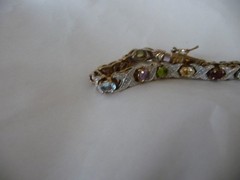 925 TENNIS BRACELET SILVER GOLD TONES MULTI COLOR SEMI PRECIOUS STONE 8″L #2222