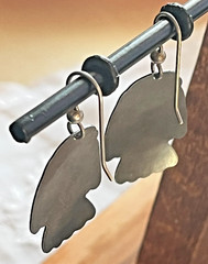 Vintage Artisan Owl Dangle Pierced Ears Earrings Matte Finish Geometric Overlays