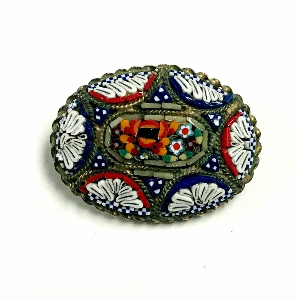 e836 Vintage Italian Mosaic Flower Multi Color Oval Pin Brooch