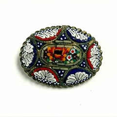 e836 Vintage Italian Mosaic Flower Multi Color Oval Pin Brooch