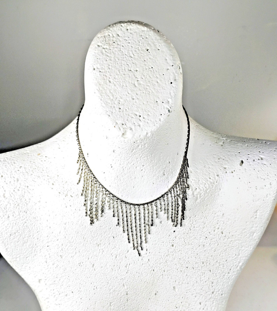 Vintage Fringe Tassel Necklace Black Gunmetal Flapper Era Glamorous