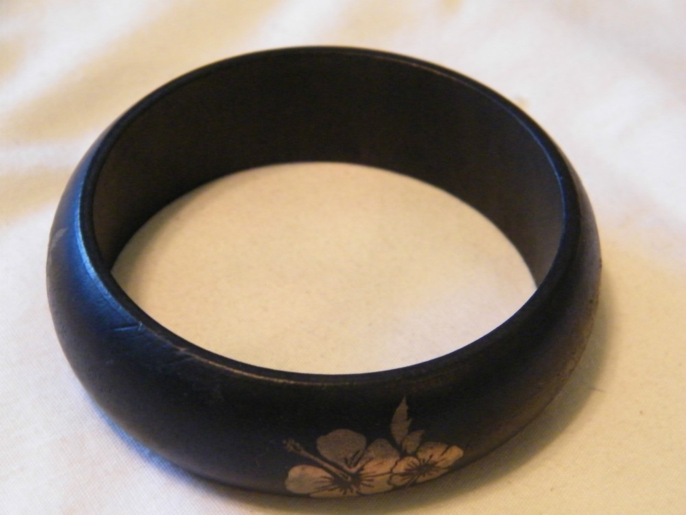 Collectible Bangle Bracelet Black Plastic Muted Flowers 2 5/8 x 7/8 Inch Wide