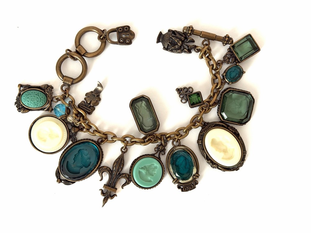 Vintage EXTASIA Signed GLASS INTAGLIO CAMEO Charm BRACELET Victorian Style