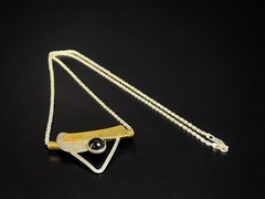 Signed Modernist Mixed Metal 925 Geometric Necklace Onyx Cabochon Pendant 21.1g