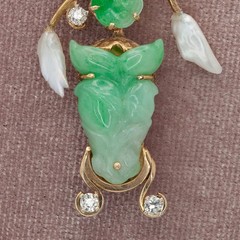 1950s Gumps 14K Gold Carved Jade Pearl Diamond Brooch(21059-NRTHH)
