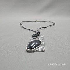 Vintage Silver Tone Metal with Black Onyx Pendant on Cord Necklace 31″ Long