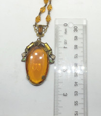 ANTIQUE ART DECO/NOUVEAU CZECH CITRINE GLASS PENDANT W/CRYSTAL CHAIN-ENAMELED