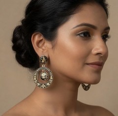 Vintage Black Gold Enamel Floral Bird Drop Earrings Circular Statement Boho EXC