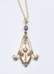 RARE! Antique Edwardian 10KT Gold *WHITE SAPPHIRE *BLUE TOPAZ *PEARLS* Pendant!