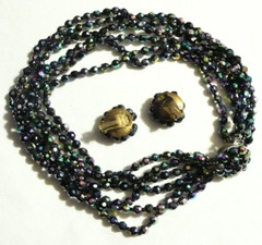 Vtg 6-strands Iridescent Blue Peacock Beaded Glass Necklace Earrings W Germany